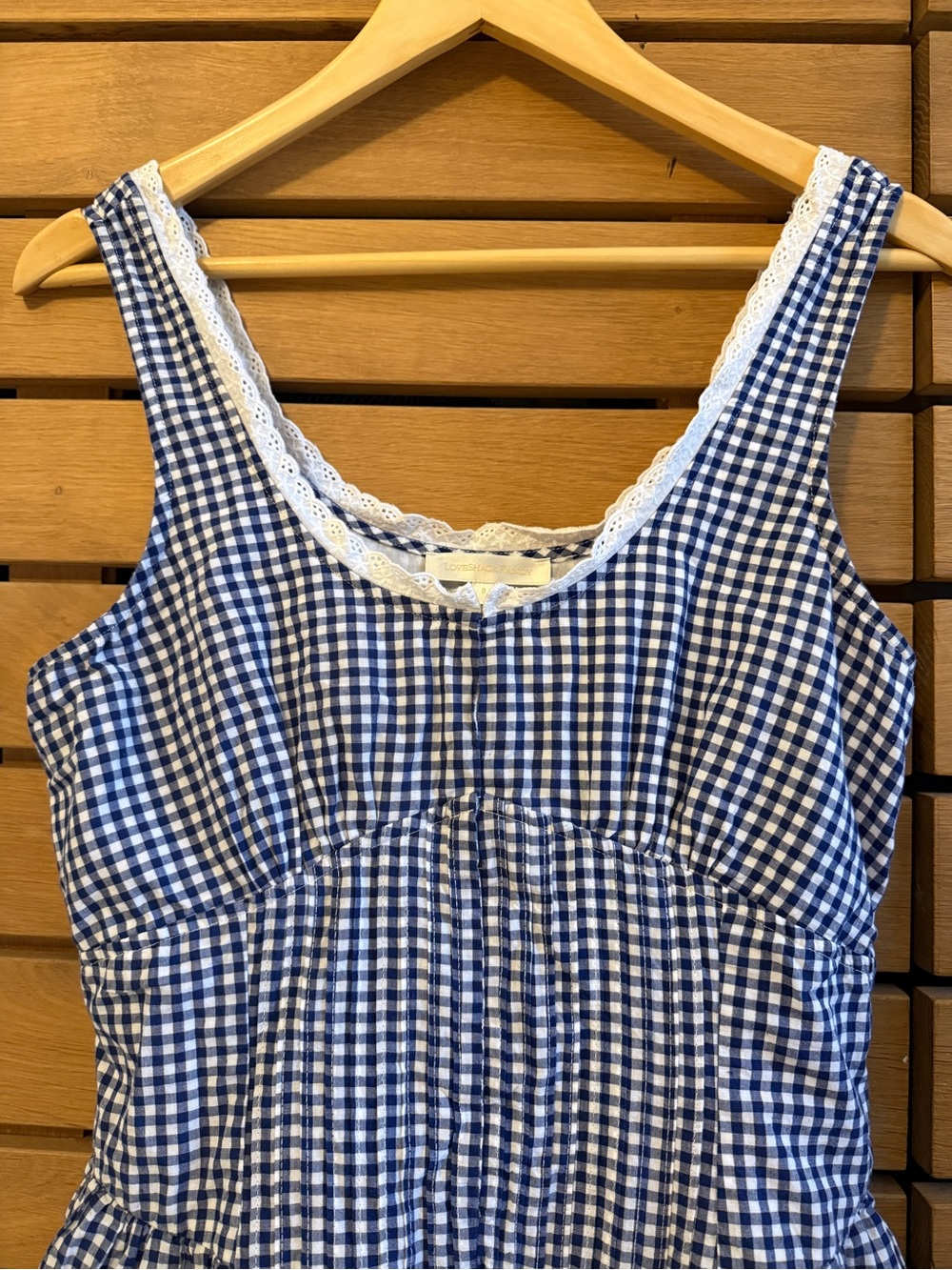 LoveShackFancy Blue and White Gingham Mini Dress with Lace Trim